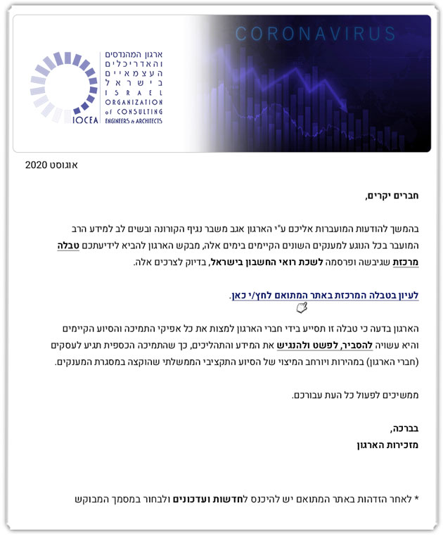 ממשיכים לפעול למענכם - הודעה בדבר פרסום טבלת 'כל מה שרצית לדעת על מענקי הקורונה'  - מטעם לשכת רואי החשבון בישראל 